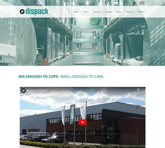 Homepage van Dispack op de desktop