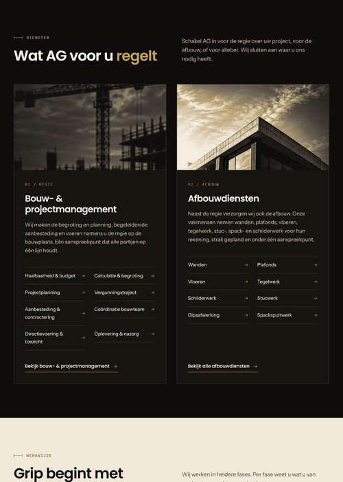 Overzicht van de diensten bouw- en projectmanagement en afbouw op de homepage van AG