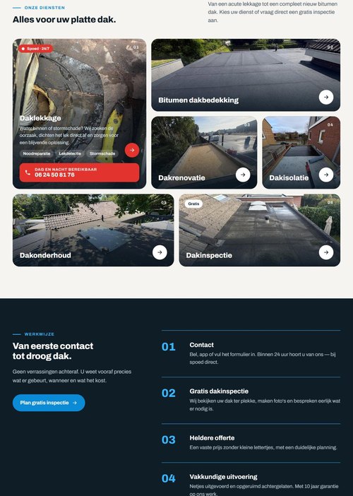 Diensten van Lemmens Dakbedekking in een raster met foto's, van daklekkage tot dakinspectie