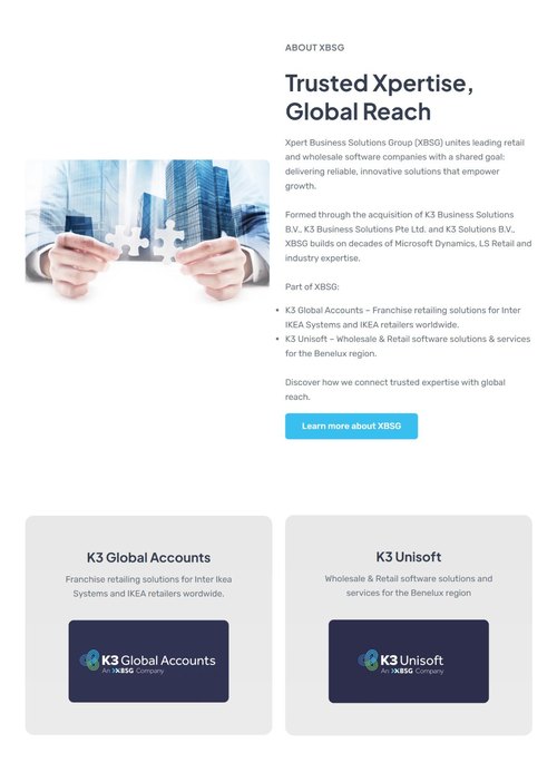 K3 Global Accounts en K3 Unisoft naast elkaar op de homepage van XBSG
