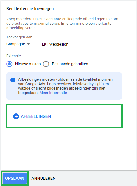 Beeldextensie Google Ads toevoegen