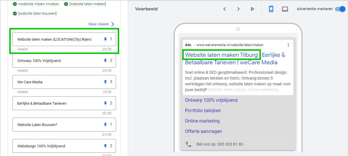 Voorbeeld Google Ads steden