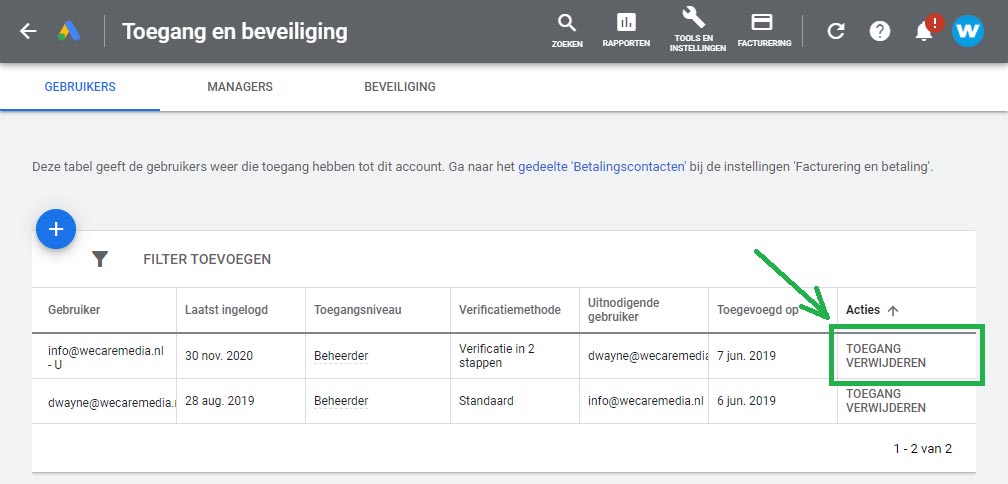 Google Ads gebruiker verwijderen