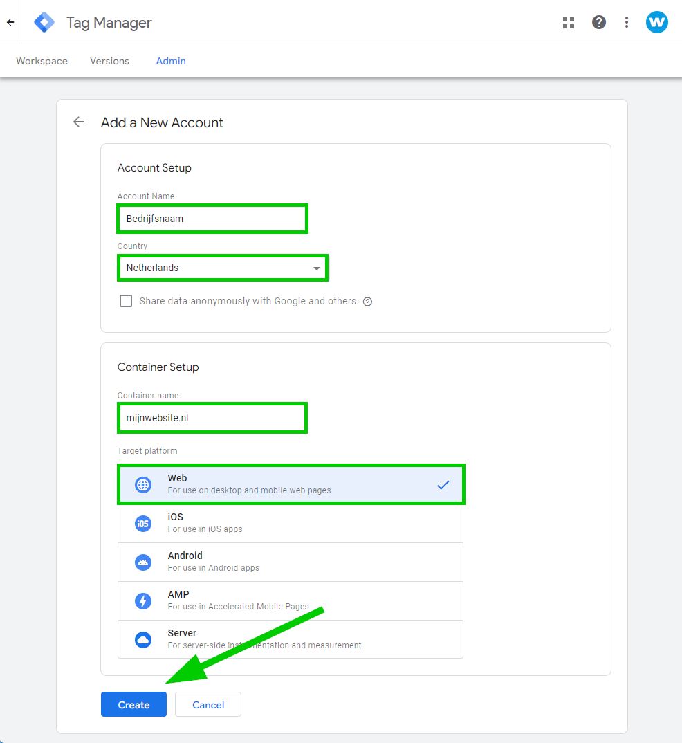 Google Tag Manager account aanmaken stap 1