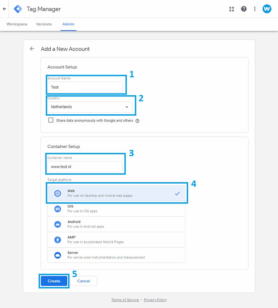 Google Tag Manager account aanmaken 1