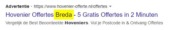 Voorbeeld plaatsnamen in Google Ads advertentieteksten