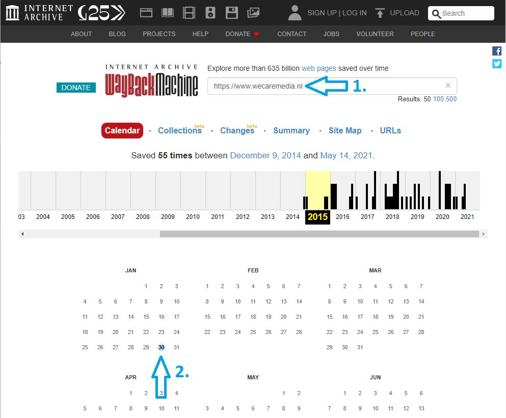 Web Archive website terug in de tijd voorbeeld