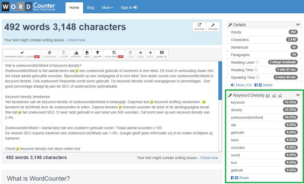 Keyword destiny controleren met WordCounter