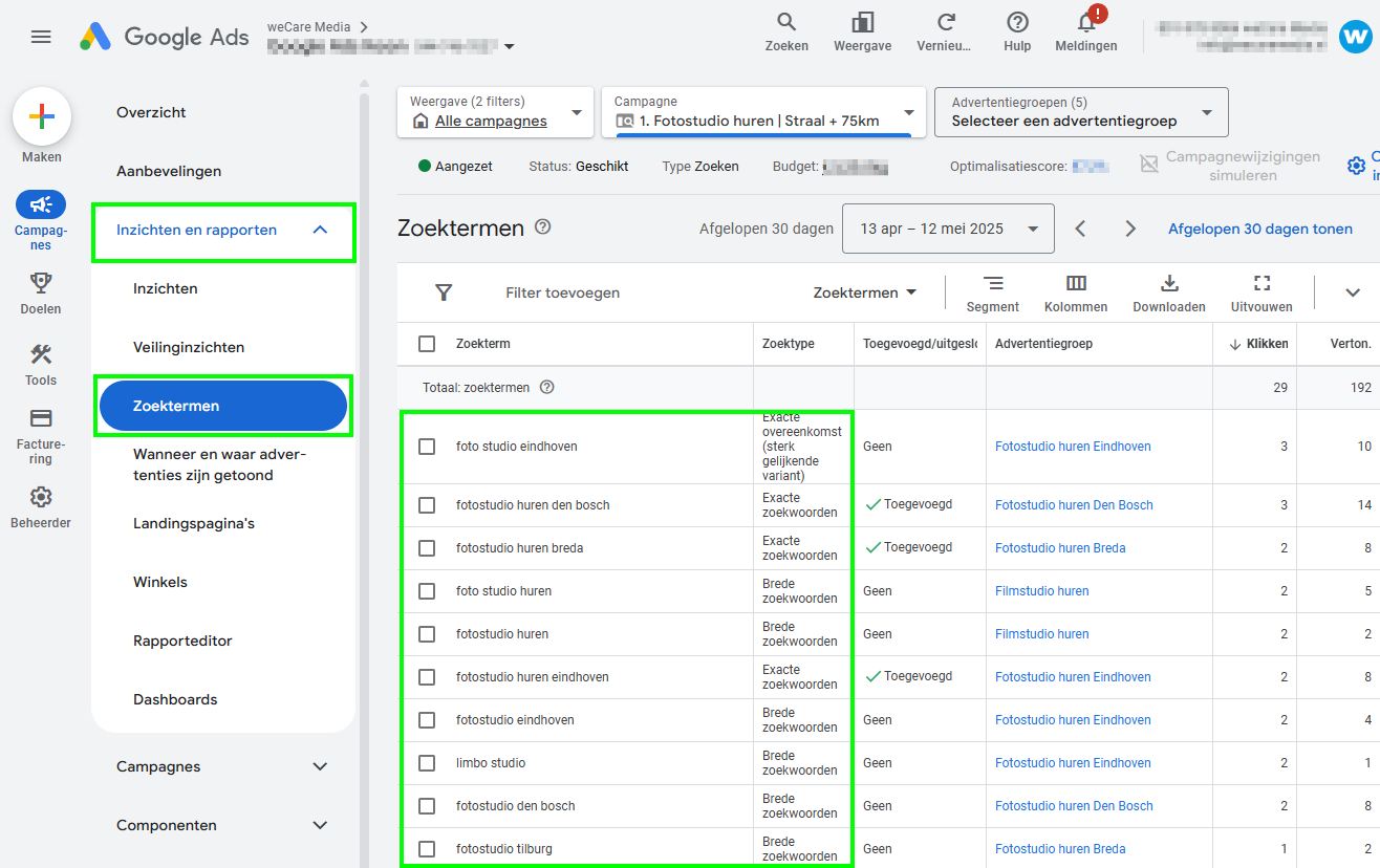 Overzicht weergaven zoektermen Google Ads